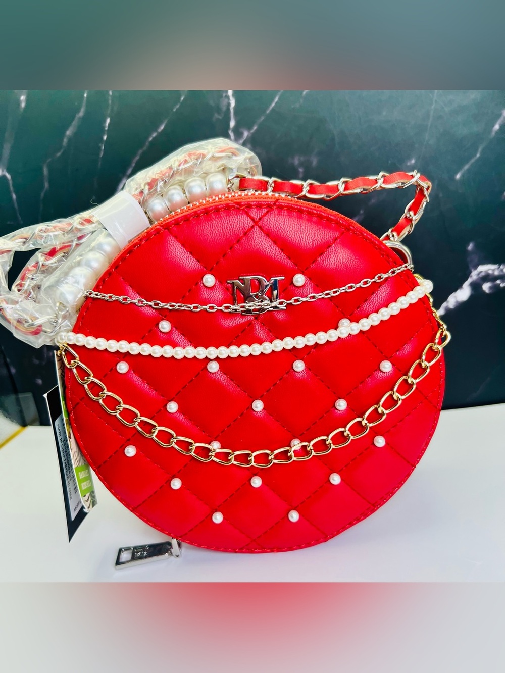 Badgley Mischka Diamond Quilted Round Crossbody Bag in red & silver w/pearls NWT